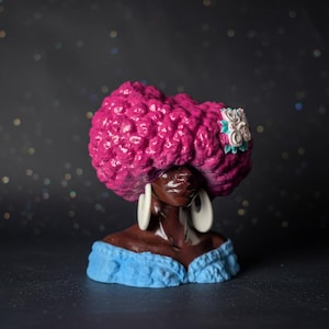Girl Juice hand-painted cast stone head planter with pink Afro design, listing image 4