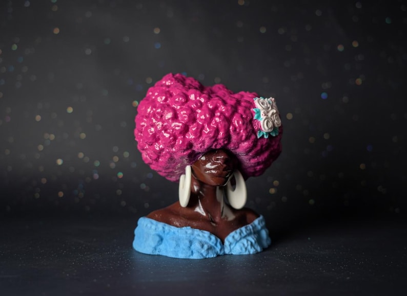 Girl Juice hand-painted cast stone head planter with pink Afro design, listing image 4