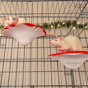 May include: Two pet rats inside a wire cage, each perched on a separate red and white mushroom-shaped platform. The platforms feature a distinct ribbed underside design and are mounted to the vertical metal bars of the enclosure.