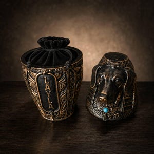 Stone pet urn base with ash pouch and sculpted dog head lid