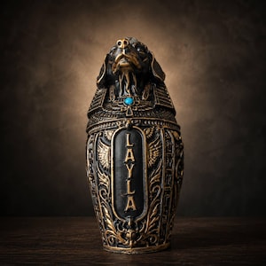 Close front view of dog head canopic jar pet urn in cast stone