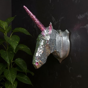 Disco Unicorn Head Wall Art | Silver Mirror Bust | Funky Room Decor & Bachelorette Party Gift | Ripley&#39;s Nest