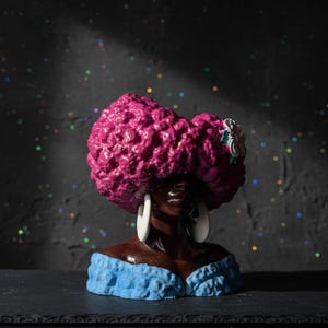 Girl Juice hand-painted cast stone head planter with pink Afro design, listing image 6