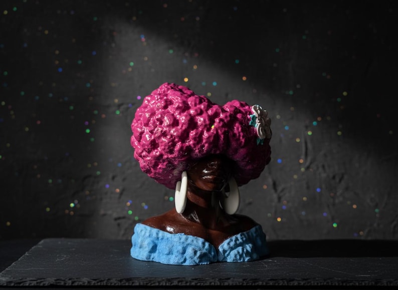 Girl Juice hand-painted cast stone head planter with pink Afro design, listing image 6