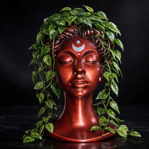 Maceta con forma de diosa de la luna de sangre / Maceta con forma de busto de piedra fundida a mano / Decoración gótica para el hogar / Jarrón para altar lunar / Hecho a mano en Cumbria
