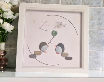 Romantic Penguins Valentine's Pebble Art | Unique Anniversary Wall Decor, Handmade Love Birds, Wedding Engagement Valentines Day Gift