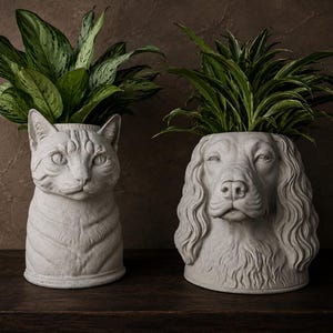 Op de afbeelding: Twee lichtgrijze plantenbakken in de vorm van dierenkoppen. De linker plantenbak toont een kat met gedetailleerde gelaatstrekken en vachtstructuur. De rechter plantenbak stelt een spaniëlhond voor met lange, golvende oren.