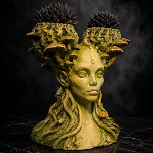 Mycelia mushroom face planter three quarter view with sculpted faerie face