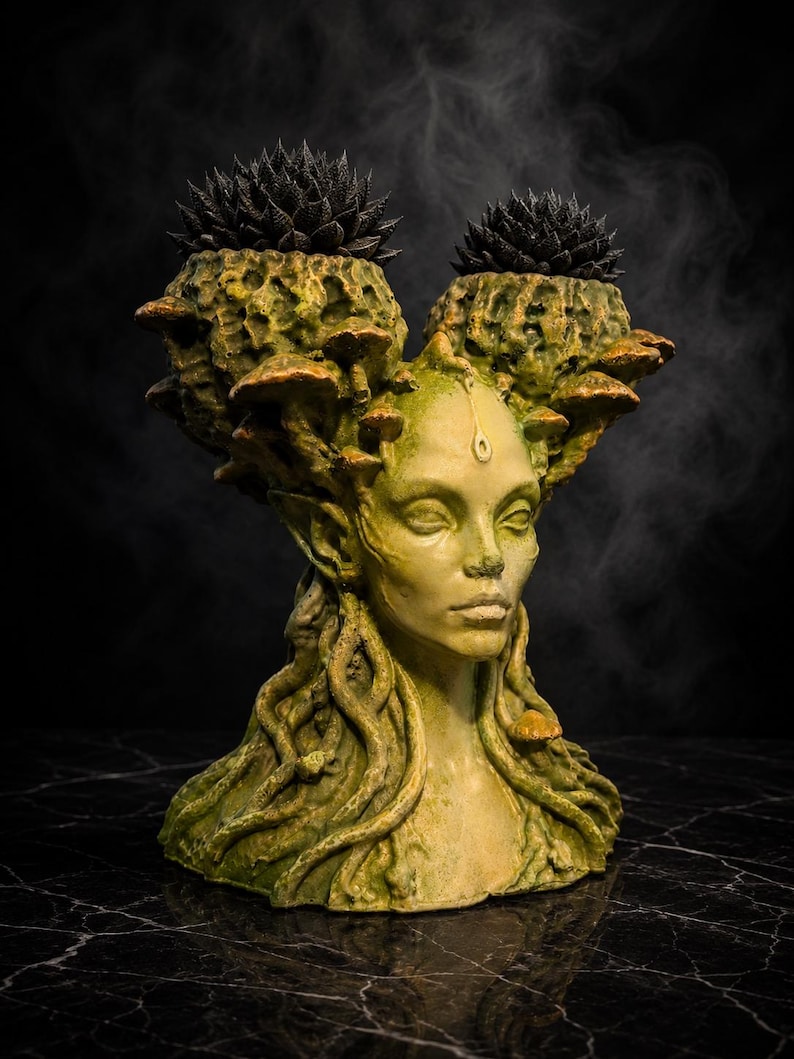 Mycelia mushroom face planter three quarter view with sculpted faerie face