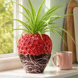 Maceta de hormigón con diseño de fresa, maceta para plantas frutales bañadas en chocolate