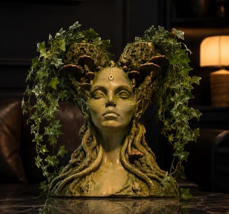 Mycelia gothic face plant pot styled with trailing greenery