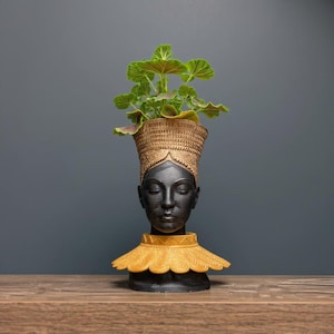 African Head Planter Gold | Black Woman Bust Art Pot | Concrete Indoor Planter | Unique Home Decor Sculpture Vase | Goddess Face Tribal