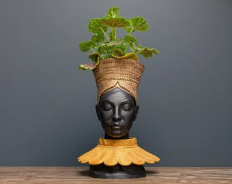 African Head Planter Gold | Black Woman Bust Art Pot | Concrete Indoor Planter | Unique Home Decor Sculpture Vase | Goddess Face Tribal