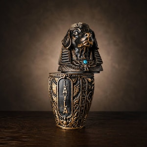 Front view of cast stone canopic pet urn with personalised name panel