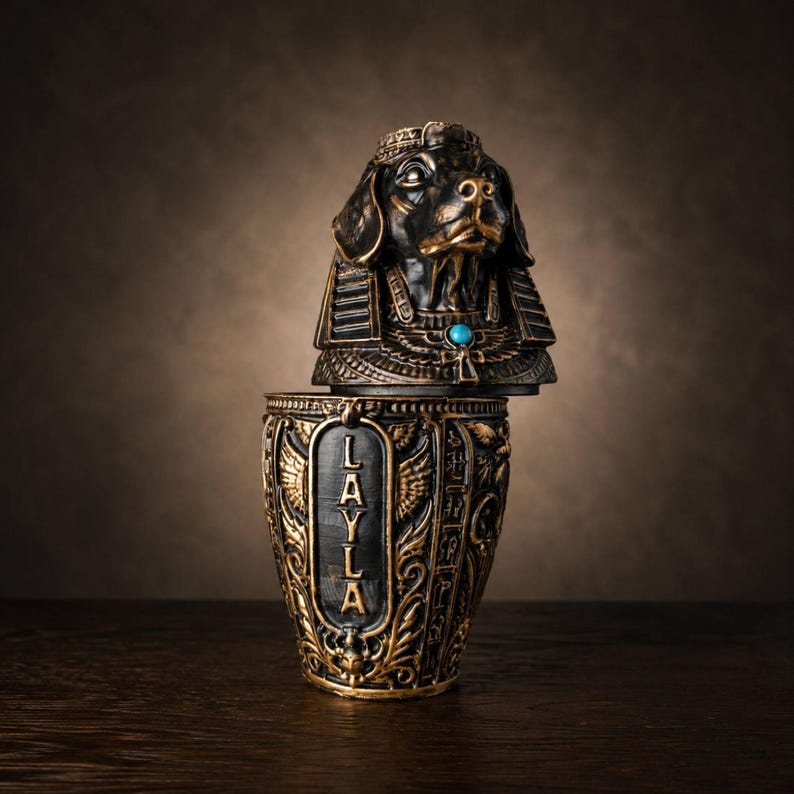 Front view of cast stone canopic pet urn with personalised name panel
