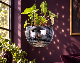 Maceta colgante con forma de bola de discoteca, maceta con azulejos de espejo, decoración retro.