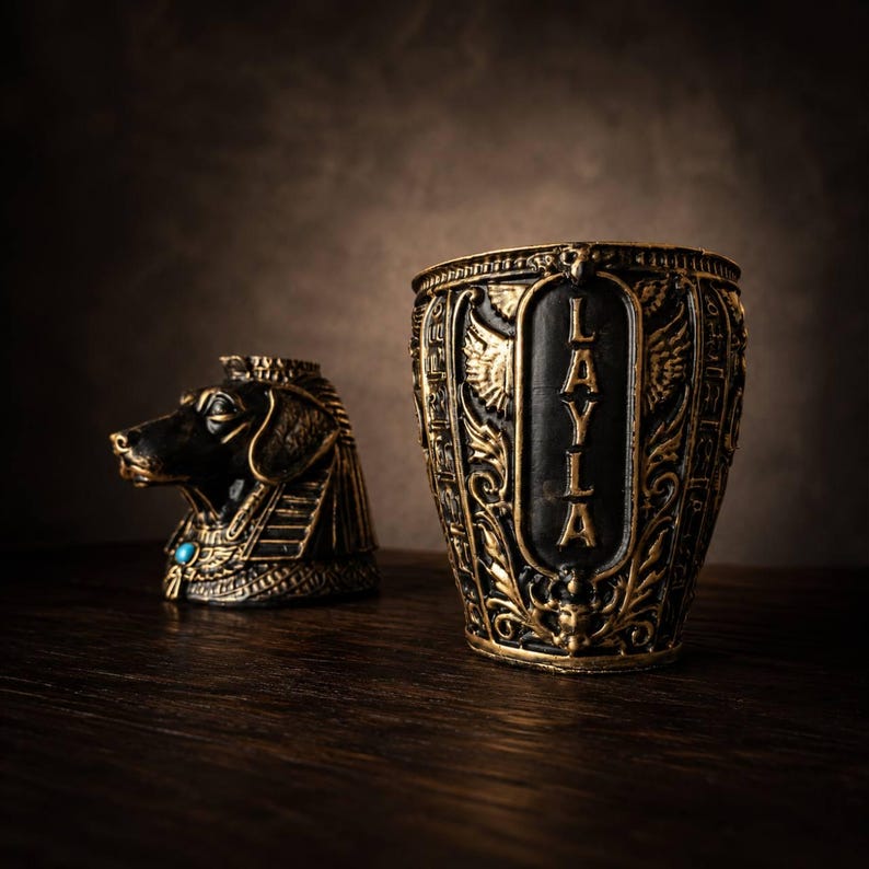 Pet urn shown with lid removed to show two piece canopic jar design