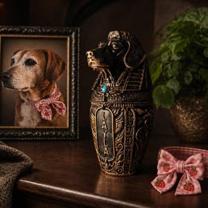 Personalised pet memorial urn styled with framed dog photo and collar