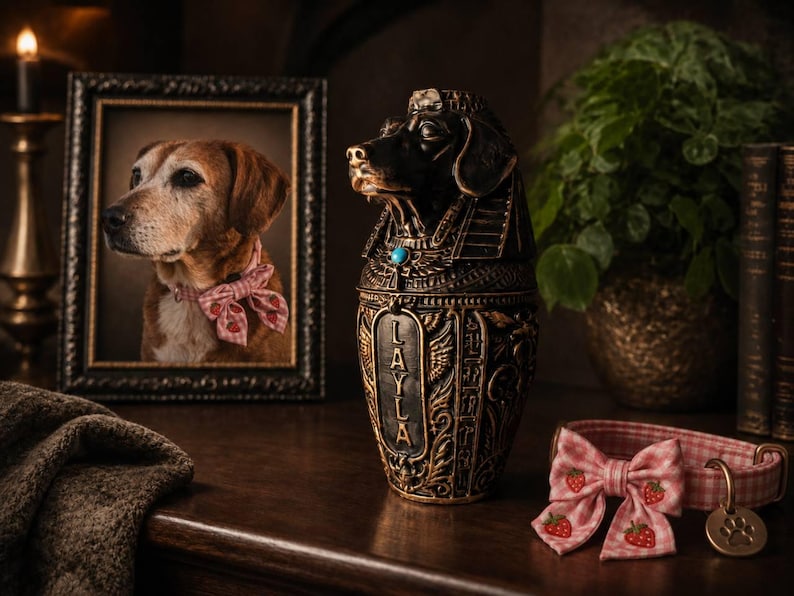 Personalised pet memorial urn styled with framed dog photo and collar