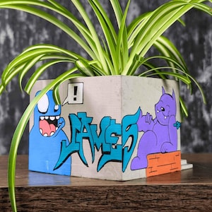 Custom Graffiti Building Planter | Personalised Urban Art Plant Pot | Miniature City Sculpture | Concrete Home Decor | Unique Gift