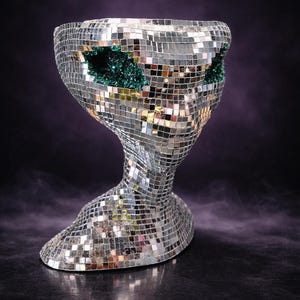 Mirror Ball Alien Head Planter | Hand-Finished Glass Tiles, Green Crystal Eyes