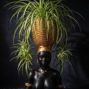 Handgemaakte oogstgodin plantenbak | Buste zwarte vrouw, gouden accenten