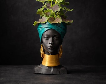 Golden Grace Afrikanische Frau Kopf Pflanzer | Headwrap Schmuck Skulptur | Handgefertigt aus Großbritannien