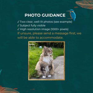 Photo guidance card showing the kind of clear pet photo needed for a custom keepsake
