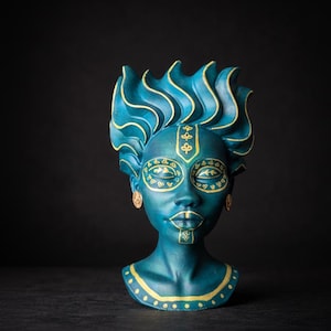 Teal Wave Crown Head Planter | Concrete Bust Sculpture, Handpainted Tribal Markings