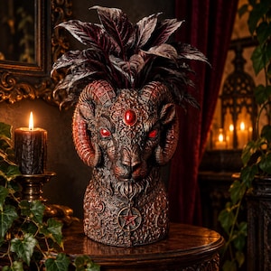 Pot de fleurs tête de bélier, décoration gothique et envoûtante, pot en pierre reconstituée en forme de tête d'animal