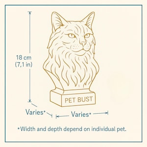 Size guide for a personalised pet bust showing an 18 cm finished height
