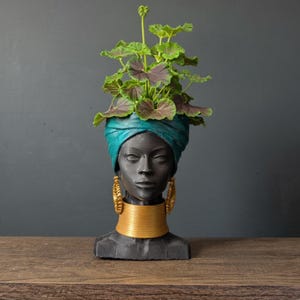 Head Planter African Woman Bust | Face Planter Pot | Unique Home Decor Gold Sculpture | Black Woman Statue Planter | Aesthetic Decor Gift