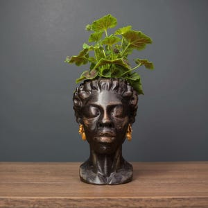 Woman Bust Planter | Concrete Face Planter | African Sculpture | Gold Home Decor | Unique Gift | Handmade In UK | Black Woman Bust Statue