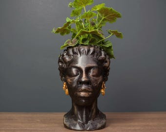 Woman Bust Planter | Concrete Face Planter | African Sculpture | Gold Home Decor | Unique Gift | Handmade In UK | Black Woman Bust Statue