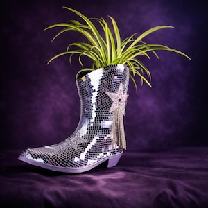 Può includere: Un vaso a forma di stivale da cowboy argentato a mosaico con una stella rosa e una nappa a catena dorata, contenente una pianta verde. Sfondo viola scuro.