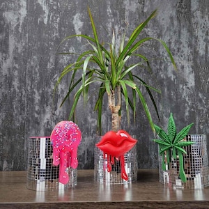 Disco Ball Planter | Funky Home Decor & Desk Accessories | Dripping Accent Mirror Ball Pot | Unique Gift for Her, Retro Groovy Decor