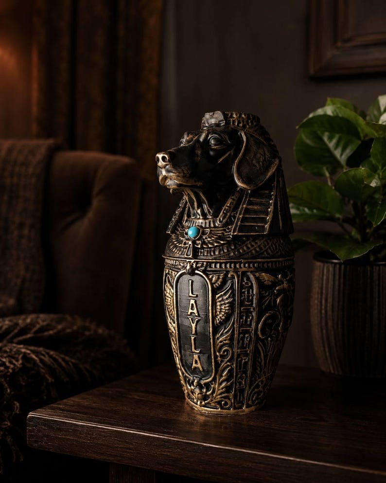 Personalised stone pet urn styled on a dark side table