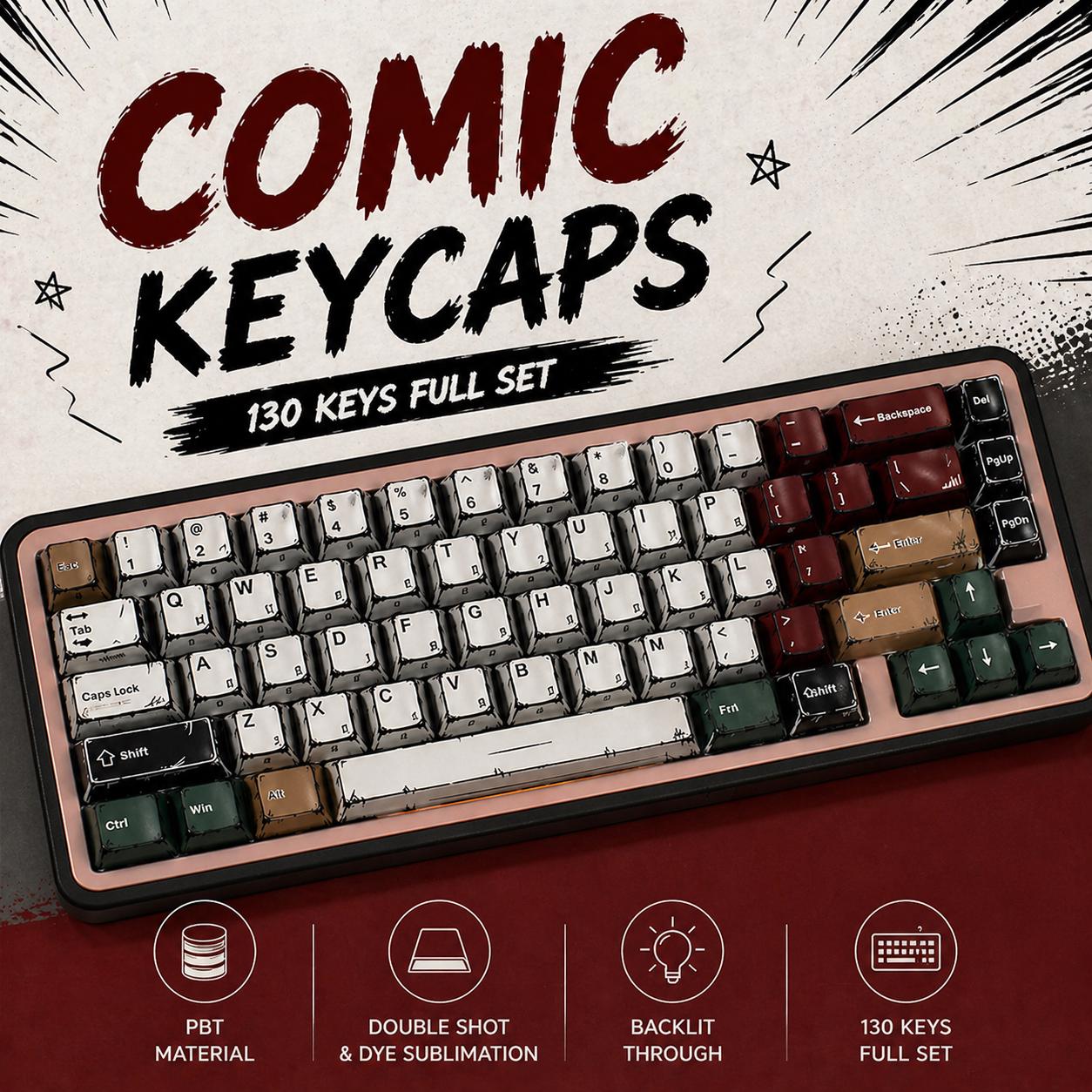 Comic Style PBT Keycaps 130 Keys, Backlit Double Shot Keycaps for ...