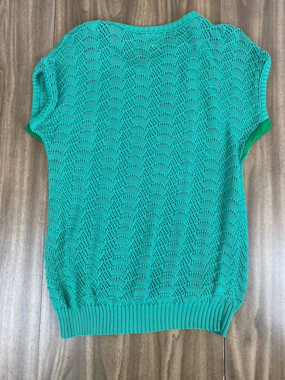 Vintage 1980s Green Scalloped 100% Cotton Knit Sw… - image 2