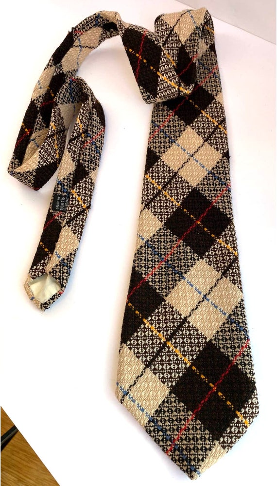 Vintage 1960s Wool Argyle Necktie Brown Cream Yell