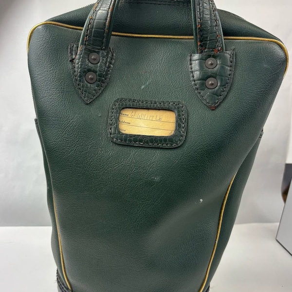 VTG Bowling Ball Case Bag Green Vinyl Black Bottom Leather Embossed Handles