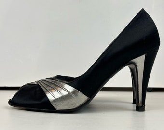 VTG 1980s  Bruno Magli Black Satin Silver Lamé Peep Toe Pumps Size 7 B