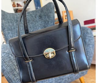 Vintage 1960s Cera USA Mod Structured Black Double Strap Handbag Purse Turnlock