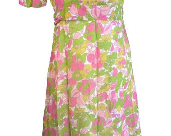 Vintage 60s Semi-Sheer Tea High Waist Dress Puff Sleeves M/L
