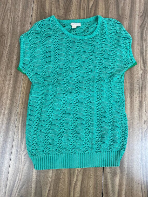 Vintage 1980s Green Scalloped 100% Cotton Knit Sw… - image 1