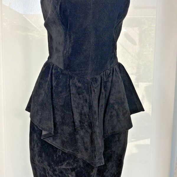 Vintage 1980s Black Suede Sleeveless Party Dress Boned Back Zip Size XS