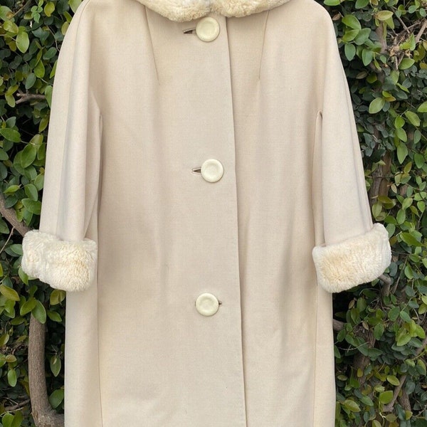 VTG 1960s Cream 100% Wool 21 Jewel Anglo Fabrics 3/4 Sleeve Lined Coat 3 Buttons