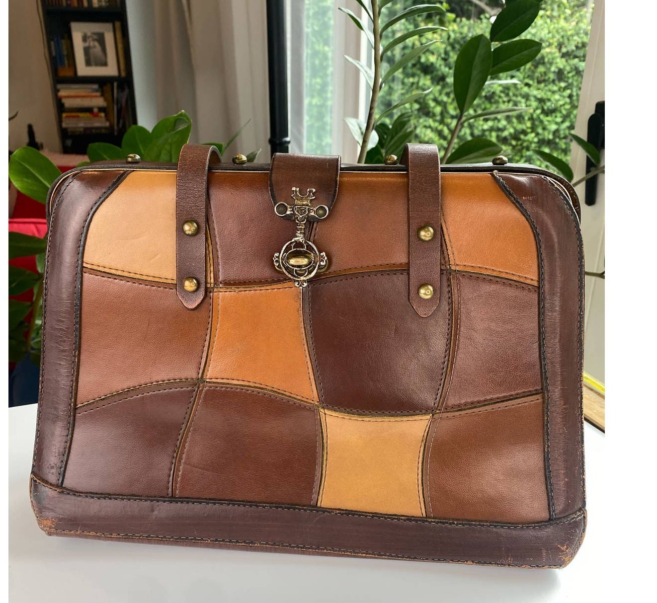 Vintage Leather Satchel Purse Shoulder Bag Patchwork Brass 