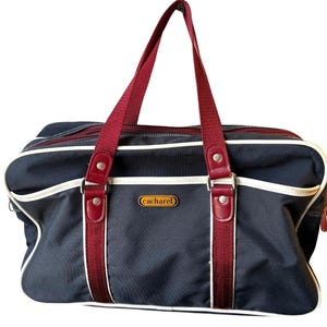 Vintage 1990s Cacharel Attache Luggage Weekend Tote Bag Navy Canvas Red Trim
