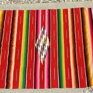 Stunning1930-50s Hand woven Mexican Wool and Cotton Saltillo Serape Blanket Vibrant Colors Heirloom Quality